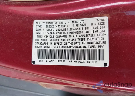 2006 Honda Cr-V Lx z USA, uszkodzony, nr VIN SHSRD78556U446684